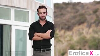 Two cute girls have an erotic threesome sex with a guy, showcasing sensual passion