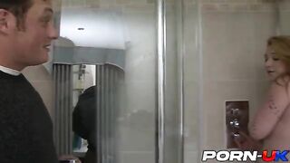 Stepdad gets his cock sucked by the busty stepdaughter Harmony Reigns after shower