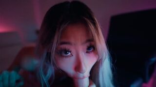 A sexy Asian teen, Raya Steele, gives an amazing deepthroat blowjob