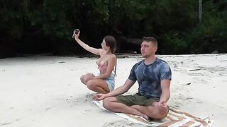 Girl meditates on the beach and gets a big cock sucked by a stranger