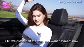 A small slut has sex in the car and pays with her holes