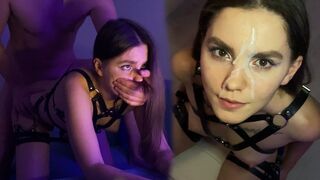 A cute brunette girl fucks in a harness and receives cum on her face