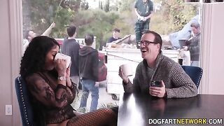 Ebony babe Paris The Muse gets her mouth used by 10 huge dicks in a bukkake