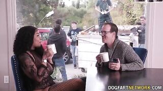Ebony babe Paris The Muse gets her mouth used by 10 huge dicks in a bukkake