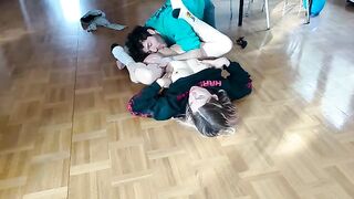 The guy fucked her girlfriend on the floor and finished with a huge load