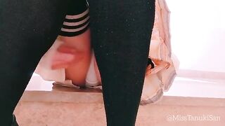 A nasty Japanese schoolgirl takes off her panties and masturbates on the school end