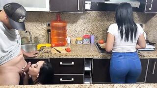 A stepfather can get his cock sucked by his hot stepdaughter in the kitchen