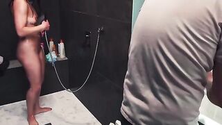 She ruined his orgasm while giving a handjob in the shower