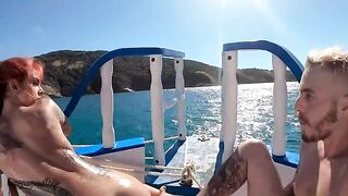 A couple have sex on the boat with oil and voyeur