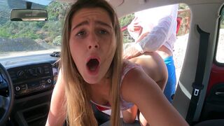 Babe gets fucked hard in the car on public parking!