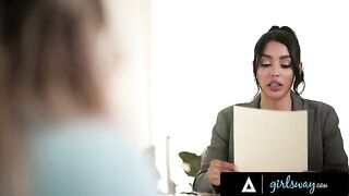 Busty lawyer Vanessa Sky spanks and dominates her sub Kayley Gunner in a steamy scene