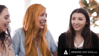 Two innocent girls, Larimar and Woulfe, had their cherry popped by a busty MILF