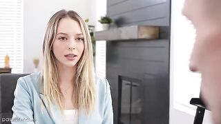 The petite blond girl got a job through her oral skills