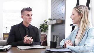 The petite blond girl got a job through her oral skills