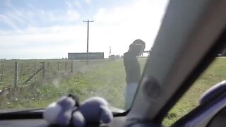 A girl sucks and swallows a cock on the road trip