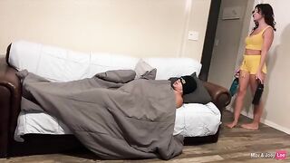 Horny wife seduces her husband's friend on the couch, indulging in passionate encounters