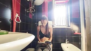 My filthy friend kicked me in the bathroom for foot fetish voyeurism