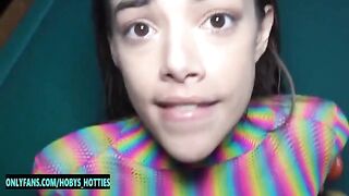 Tiny Latina slut Harmony Wonder gets her throat fucked and face covered with cum