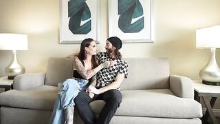 A brunette babe gives her boyfriend a double blowjob for the first time