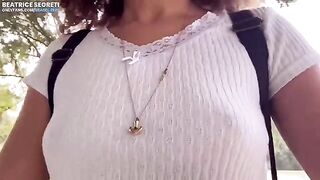 Girl masturbates publicly and reaches orgasm with a stranger watching her wet pussy