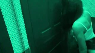 A hot chick fucked by a guy in the toilet bar, no panties