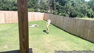 Nude girl is having fun with her boyfriend on the backyard porch