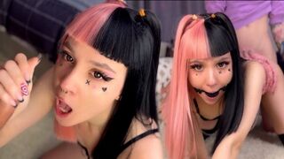 The guy gave the hot emo girl a deepthroat blowjob and fucked her with a gag in her mouth