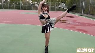 Cheerleader girl fucks on the street and swallows the semen, showcasing daring passion
