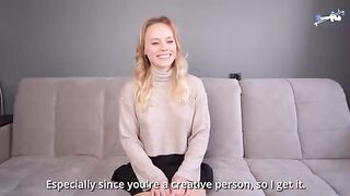 A cute blonde girl with a big ass fucks for the first time in front of the camera