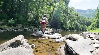 Real couple AmyGabe fucked outdoors on the mountain, right in the river