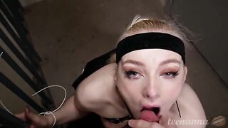 A blonde girl with blue eyes was tied up and deeply throat-fucked outdoors