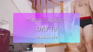 Stepmom got stuck on the stairs, her stepson jerked off and cum inside