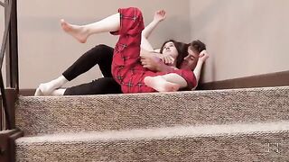 Perky stepsister gets banged on the staircase in HD