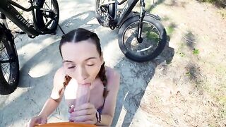 Petite brunette takes a huge dick tourist on the bike ride of his life in POV