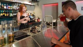 The customer went down on the hot bartender, who was wearing sexy lingerie