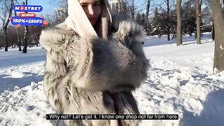 A hot chick in a fur coat is having sex with a stranger she picked up while walking her dog