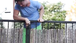 A neighboring guy fucks a busty brunette with natural boobs