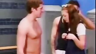 A cute school girl ended up in a male locker room and got fucked