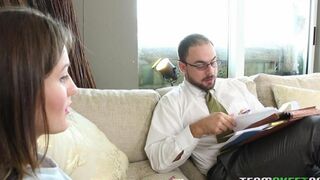 The girl seduces her stepfather and fucks with him on the couch
