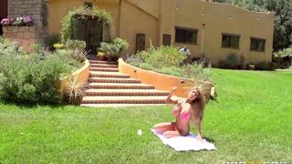 Blonde beauty gets fucked on the grass 60fps