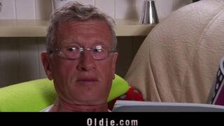 A young girl is getting fucked by an old man on the couch