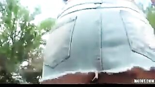 Street masturbating with a brunette teen with small tits