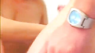 The Russian blonde gets her lips wet with cum after a blowjob