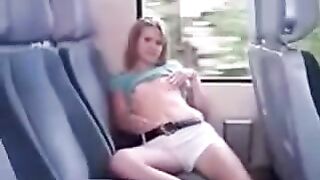 Irons the shaved pussy through panties on the bus in the back seat
