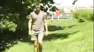 A man in the hayloft plays with his big cock using his hand