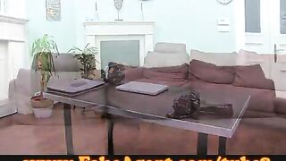 The cute girl demonstrates her blowjob skills on the couch