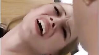 Fragile blonde girl in stockings gets her ass fisted hard