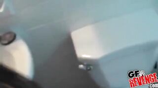 Girl sucks cock and gives a blowjob at home, showcasing her stunning brunette locks and big tits in a steamy homemade scene