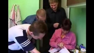 A Russian woman with natural breasts has sex with four men