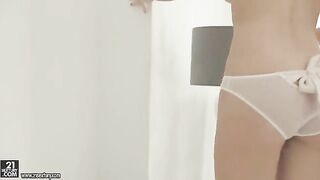 Skinny blonde masturbates her hairy pussy with a dildo
